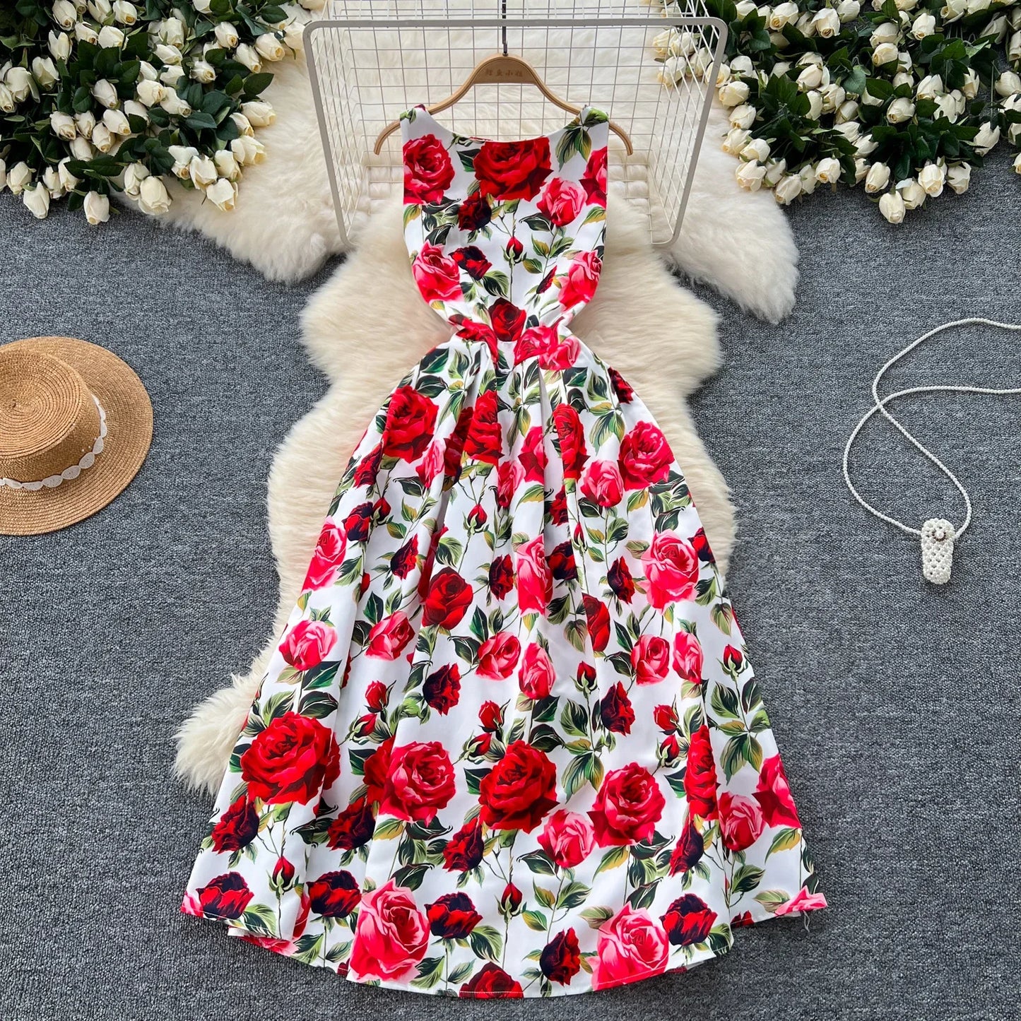 French Fashion Print O-neck Pleated Sleeveless A-line Ball Gown Dress Women Summer Vintage Elegant Puff Graduation Party Dresses