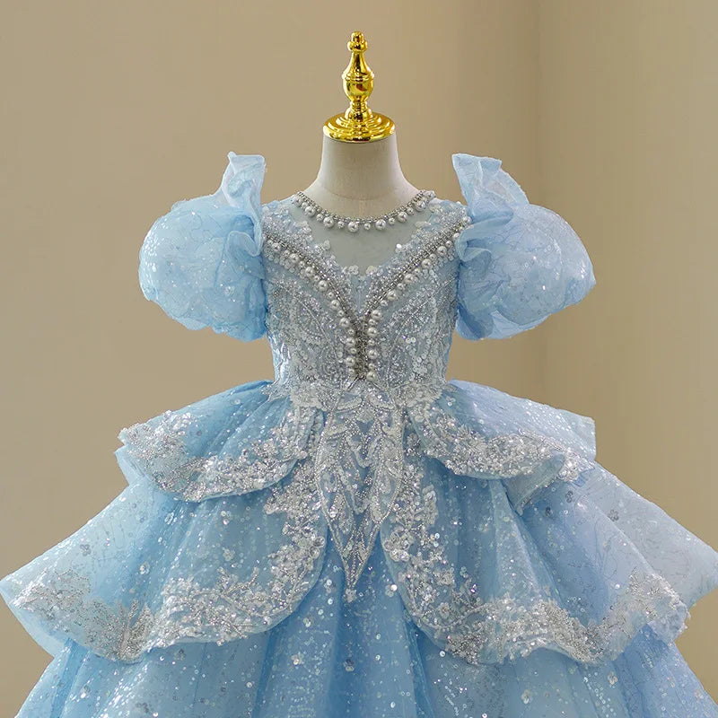 Baby Girl Princess Dress Sequin Party Dresses For Children Puff Sleeves Clothing Classy Flower Girls Costume For Wedding