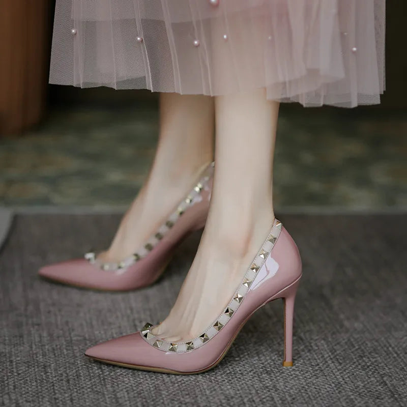 2025 New Luxury Brand High Heels Women's Shoes Metal Rivet Pointed Black Pumps Fashion Sexy Genuine Leather Women's Single Shoes