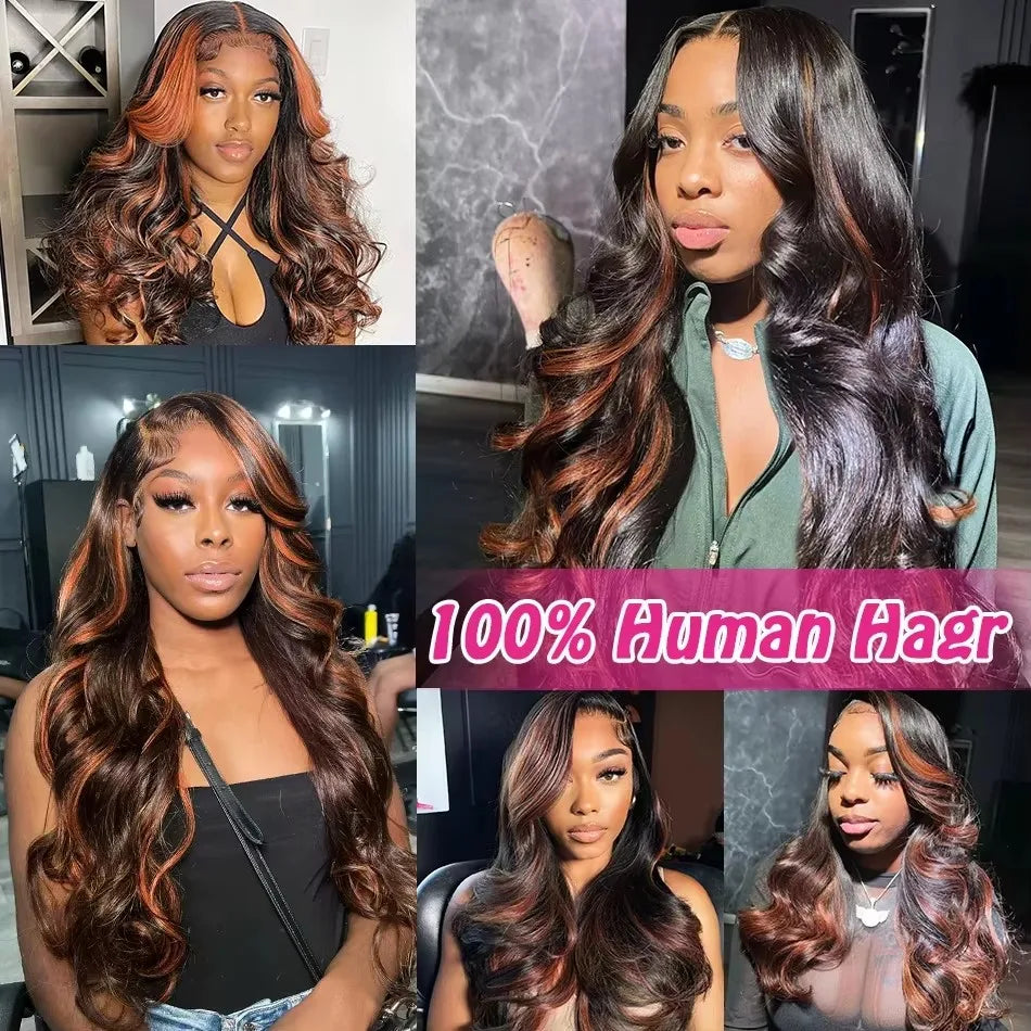 Mossily 250 Density 30 Inch Body Wave Highlight Wig Human Hair 1B/30 Black Brown Highlight 13x6 HD Lace Frontal Wig Human Hair