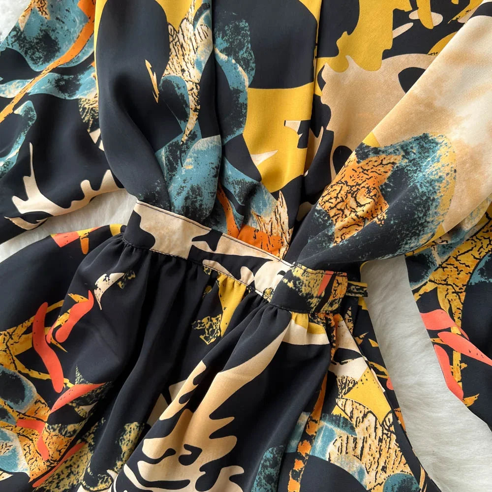 Summer Holiday Floral Beach Wrap Dress Women V Neck Short Sleeves Chic A Line Dress Bohemian Vintage Print Long Dress