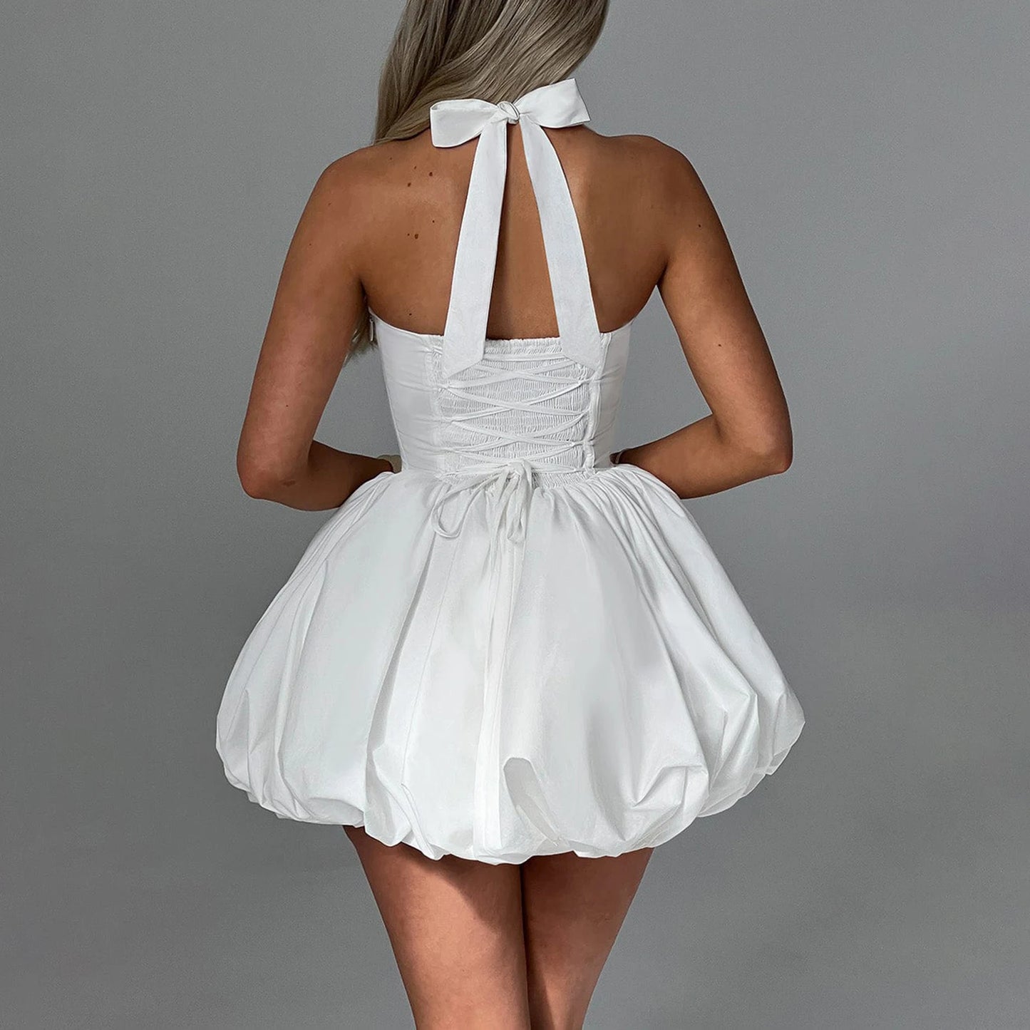 Women Bubble Halter Mini Dress Elegant Summer Sleeveless Tie up Backless Corset Evening Party Club Short Dress Y2K Streetwear