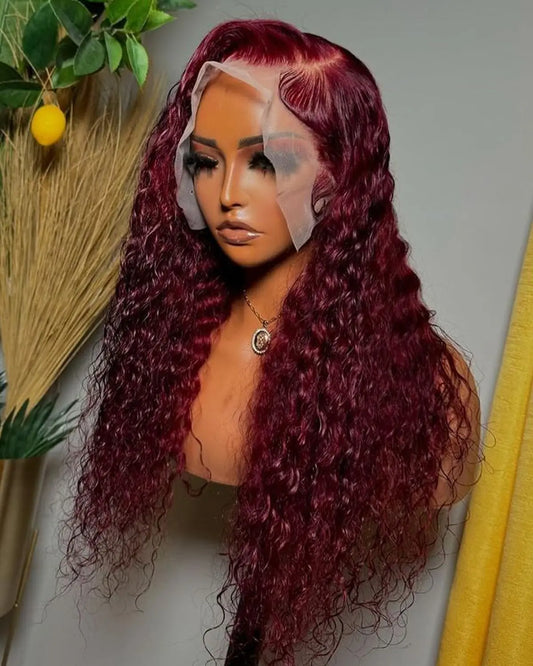 Deep Wave 13X4 Lace Frontal Wig 99J Red Burgundy Color Synthetic Wigs For Black Women Preplucked Bleached Knots Glueless Wig