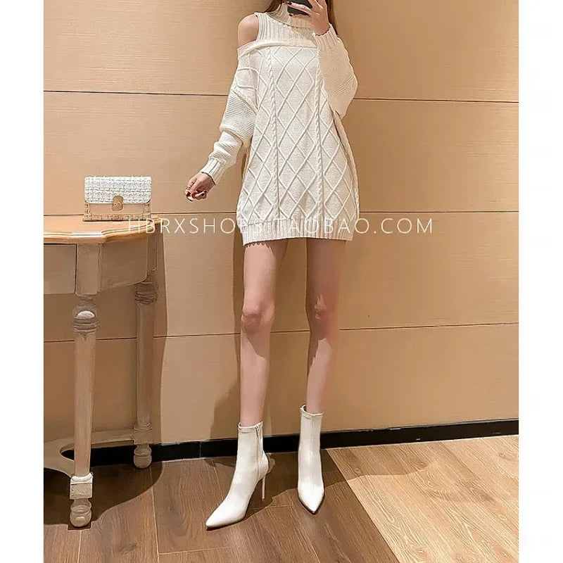 Women's Spring Ankle Boots White High Heels Pointed Toe Stiletto Heel Side Zipper Short Boots Leisure Fashion Sexy Botas Mujer