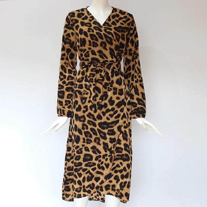 Leopard Print Slimming Dresses Women Spring Fall Long Sleeve Spliced Folds Side Split Elegant Dresses Female Vestidos Midi Dress
