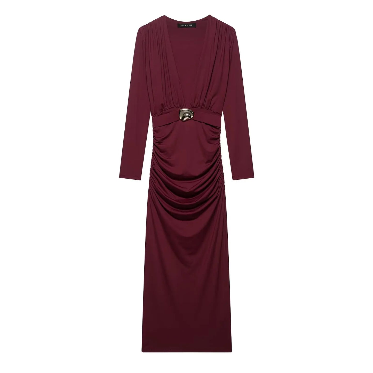 TRAFZA Women Spring New Sexy Deep V-neck Inlaid Belt Long Sleeve Slim Dress Female Temperature Evening Dress Pleated Long Dress