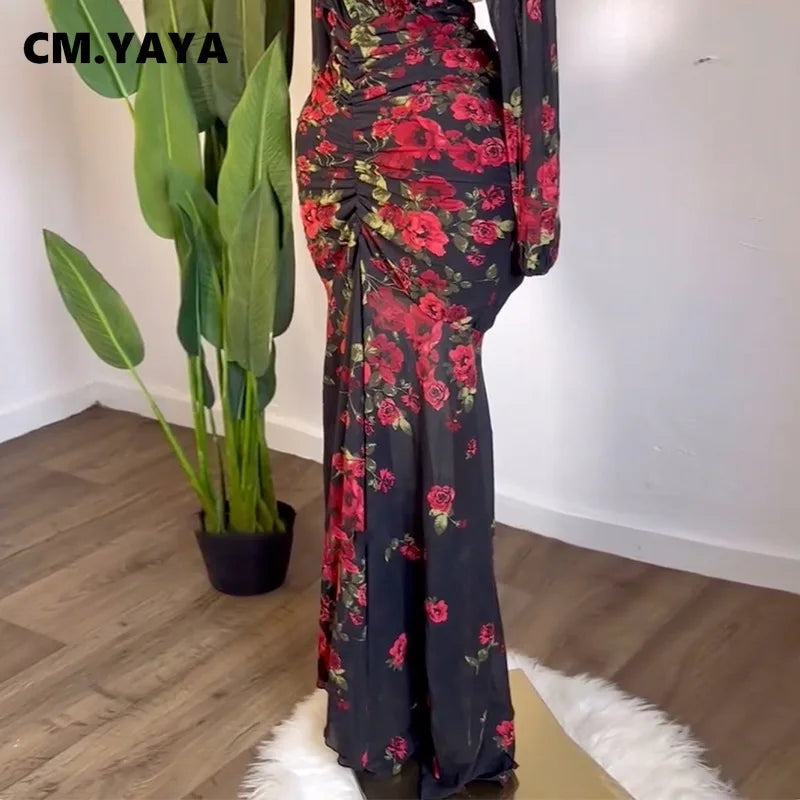 CM.YAYA Women Full Sleeve Floral Print V-neck Elegant Long Dress Ruched Holiday Birthday Evening Sexy Party Dresses Vestidos