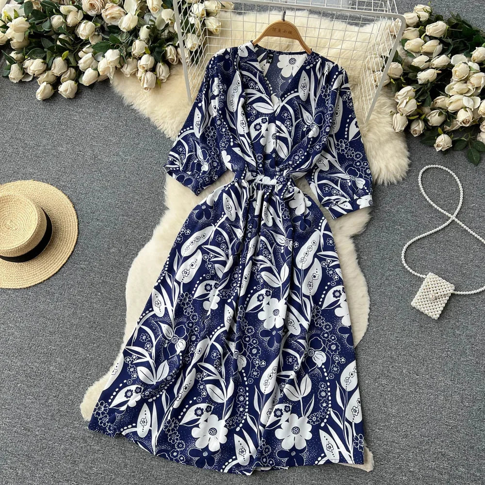 Summer Holiday Floral Beach Wrap Dress Women V Neck Short Sleeves Chic A Line Dress Bohemian Vintage Print Long Dress