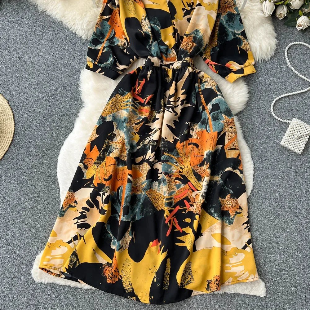 Summer Holiday Floral Beach Wrap Dress Women V Neck Short Sleeves Chic A Line Dress Bohemian Vintage Print Long Dress