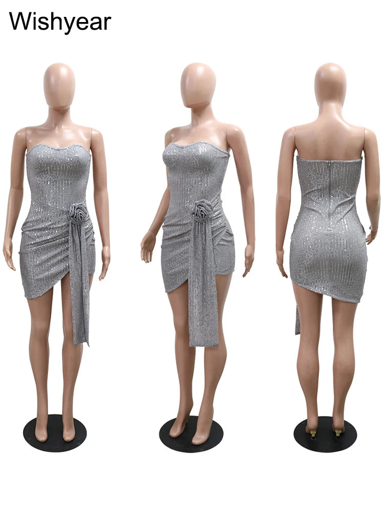 New Silvery 3D Flower Sequin Bodycon Birthday Party Mini Dress Woman Sexy Off Shoulder Sleeveless Backless Slim Evening Gowns