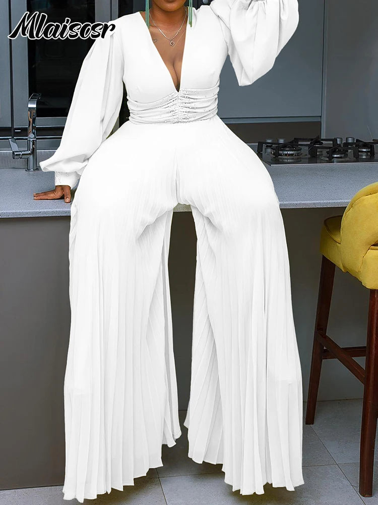 Mlaiscsr Elegant Evening Party Jumpsuit Long Sleeved Waist Pearl Bead Mesh Loose Wide Leg Pleated Long Dinner One Pieces Rompers