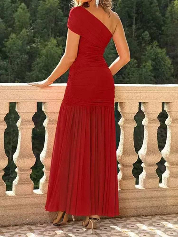 Women Diagonal Collar Summer Solid Long Dress Female Sleeveless Backless Pleated Party Dress 2023 Casual Streetwear Maxi Dresses