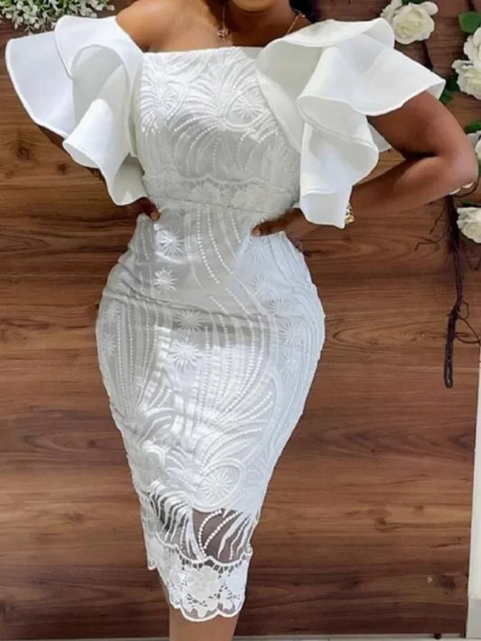 Elegant Women White Lace Dresses Ruffle Sleeves Slim Fit Knee Length Dress Chic Ladies Party Birthday Celebrity Outfits XXXL