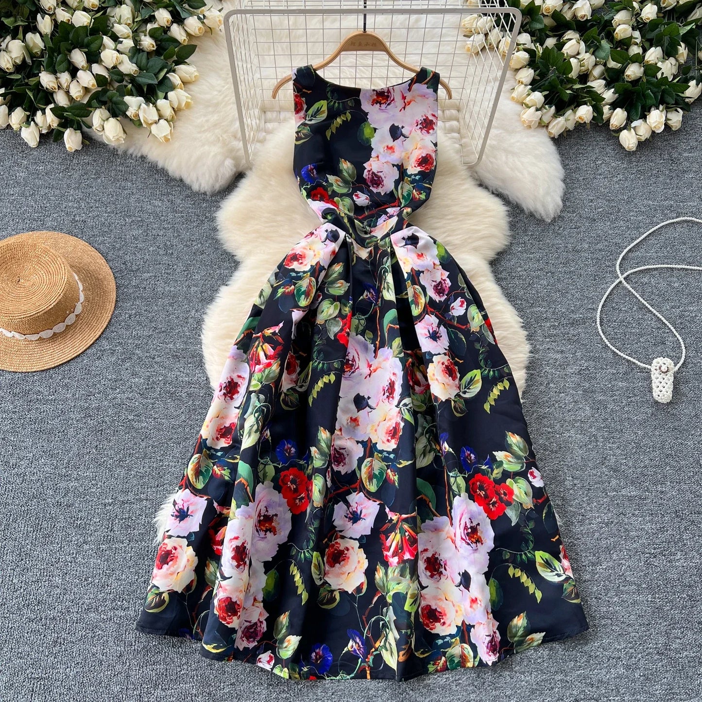 French Fashion Print O-neck Pleated Sleeveless A-line Ball Gown Dress Women Summer Vintage Elegant Puff Graduation Party Dresses