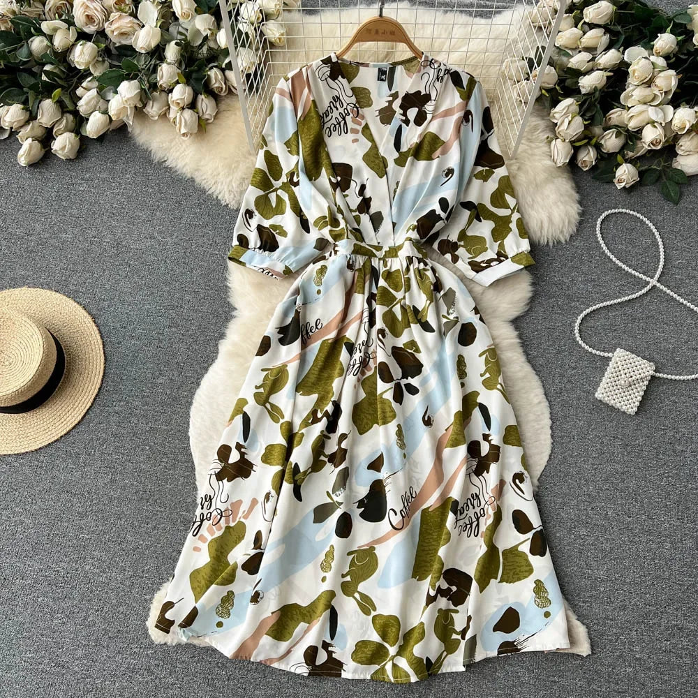 Summer Holiday Floral Beach Wrap Dress Women V Neck Short Sleeves Chic A Line Dress Bohemian Vintage Print Long Dress