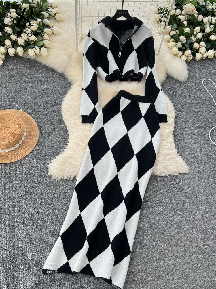 SINGREINY American Fashion Warm Suits Women Lapel Neck Zipper Tops+High Elastic Skinny Skirt Plaid Streetwear Two Pieces Sets