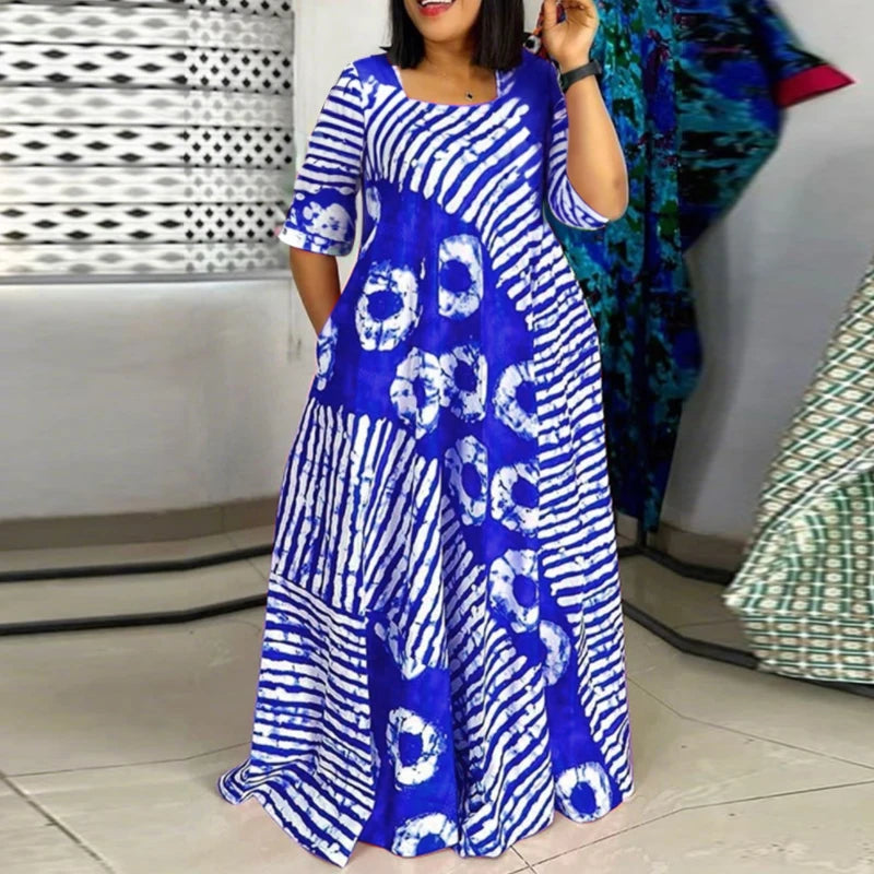 Plus Size Women Bohemian Maxi Dress 2025 Summer Printed Long Sundress VONDA Beach Party Vestidos Half Sleeve Casual Loose Robe