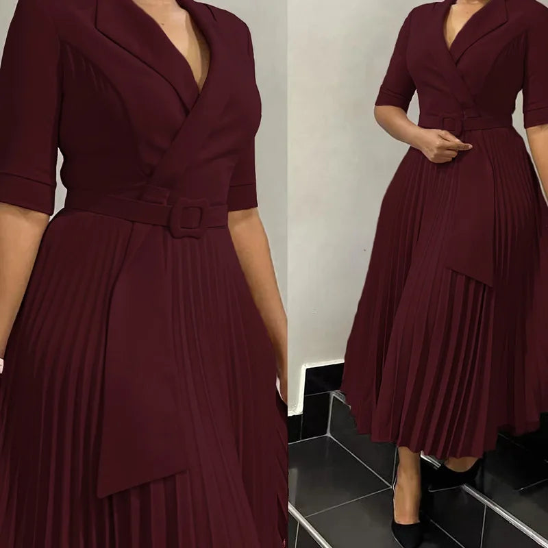 Women's Fall  new commuter fashion suit collar pleated waist plus size dress