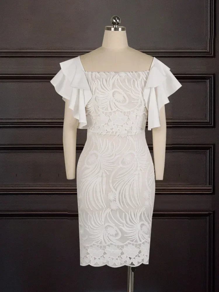 Elegant Women White Lace Dresses Ruffle Sleeves Slim Fit Knee Length Dress Chic Ladies Party Birthday Celebrity Outfits XXXL