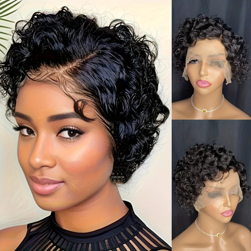 curly Short 13×1 T part Transparent Lace 6inch natural black color Human Hair remy Wigs For Women 150% density Pixie Cut Wig