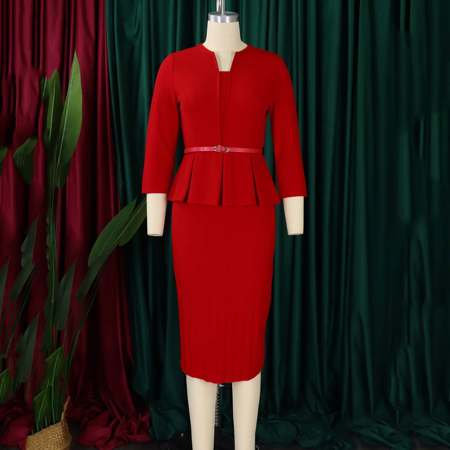 Elegant Office Dresses for Women V Neck Three Quarter Sleeve Belt Waisted Sheath Mid Calf Professional Business Work Dress Midi