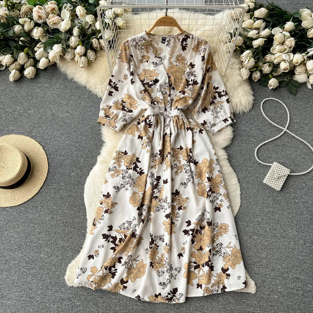 Summer Holiday Floral Beach Wrap Dress Women V Neck Short Sleeves Chic A Line Dress Bohemian Vintage Print Long Dress