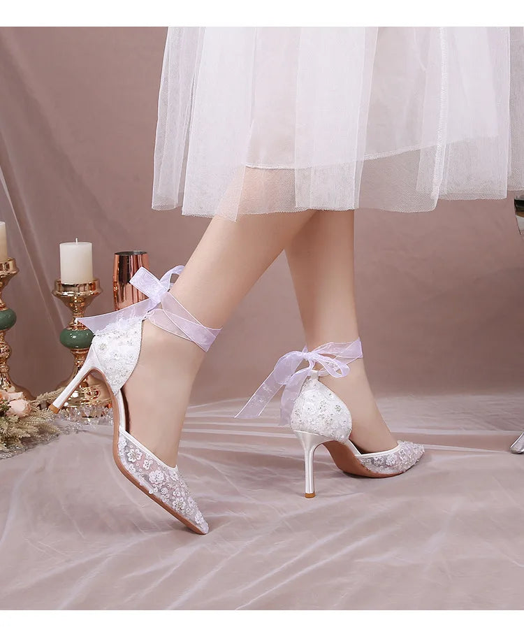 French Beaded Hollow Sandals Women's White Lace Strap Pointed High Heel Main Wedding Shoes