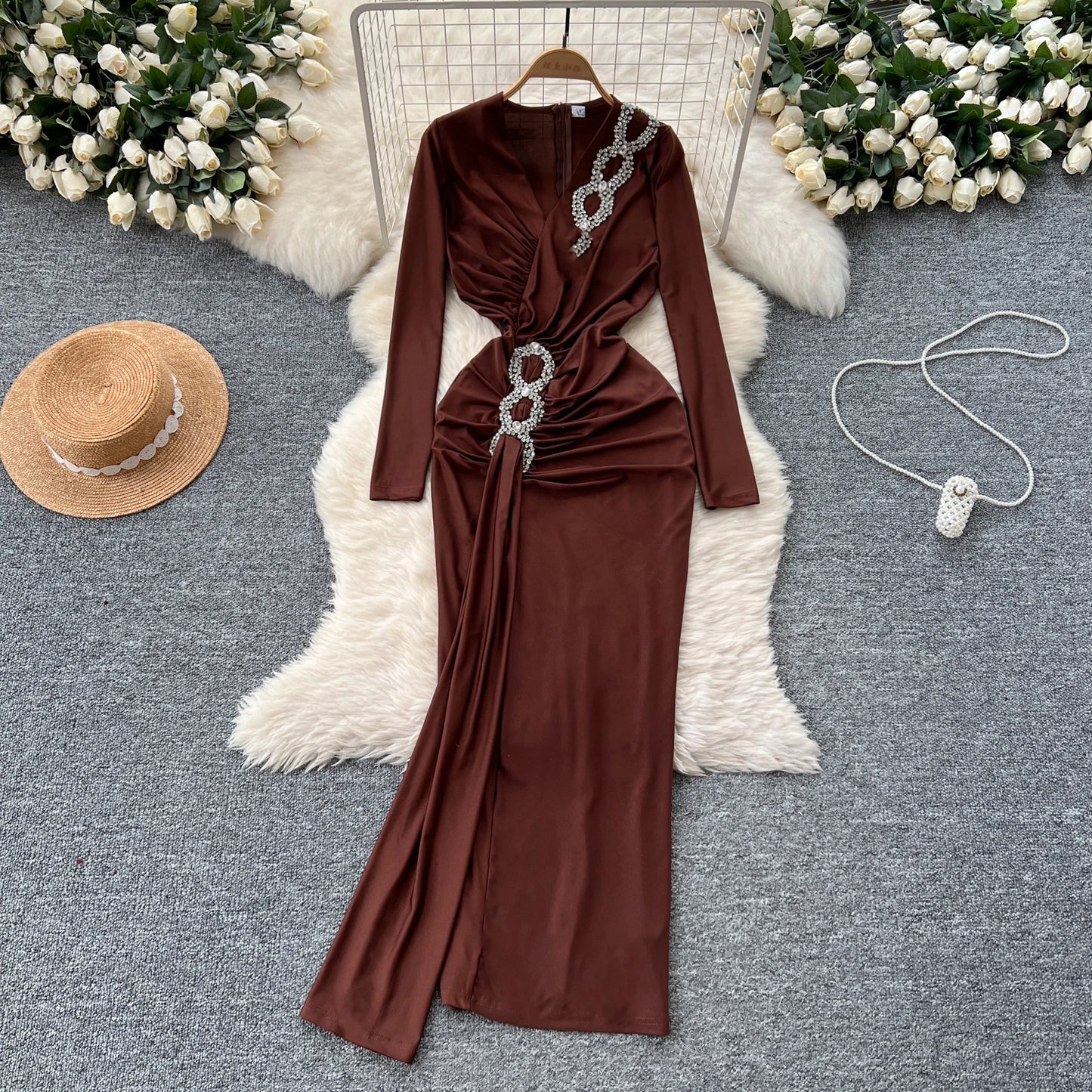 Elegant Long Sleeves Vintage V-neck Chic Rhinestone Pleated Asymmetrical Slim Split Dresses Evening High Street Autumn Clothing