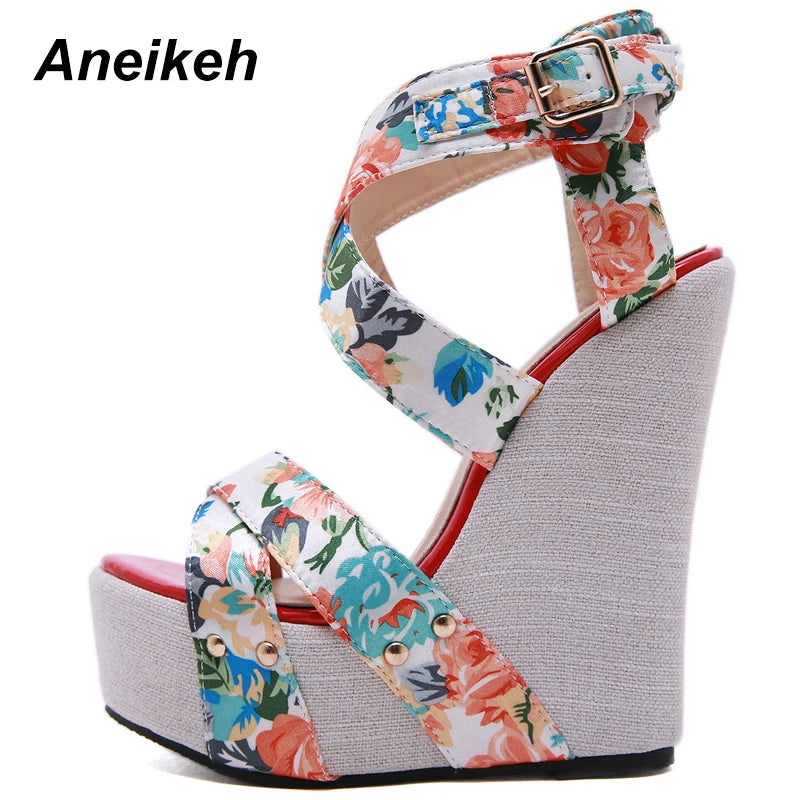 Aneikeh Women Wedges Sandals Summer Platform Sandals High Heels Shoes Ankle Strap Designer Silk Print Footwear Sandals Pumps