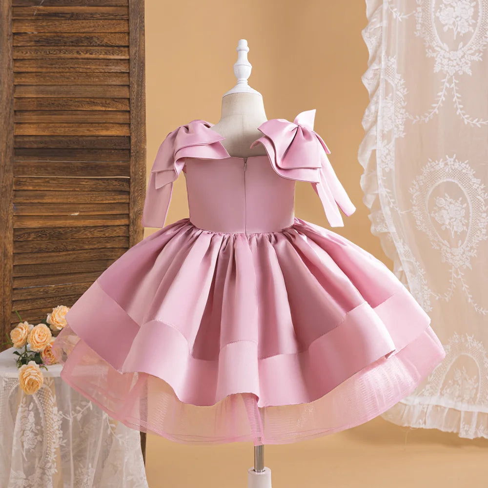 Luxury Bow Bridesmaid Girls Dress for Party and Wedding Gown Formal Satin Birthday Prom Princess Dresses Girl Gala Kids Clothing