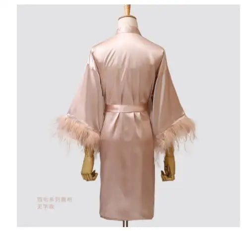 Women FEATHER Bride Bridesmaid Wedding Robe Satin Kimono Bathrobe Gown Nightwear Embroidery Letter Nightgown V-Neck Lingerie
