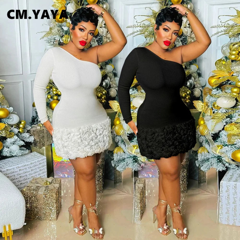 CM.YAYA Women Knit Ribbed Rose Floral Applique One Long Sleeve Bodycon Midi Dress 2024 Club Sexy Party Evening Dresses Vestidos