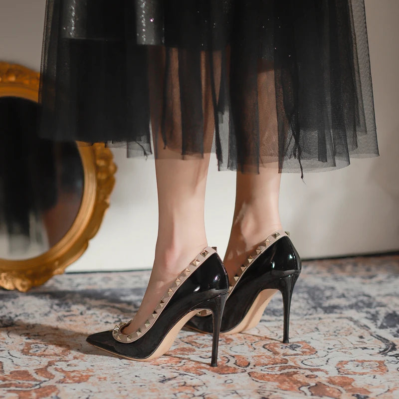 2025 New Luxury Brand High Heels Women's Shoes Metal Rivet Pointed Black Pumps Fashion Sexy Genuine Leather Women's Single Shoes