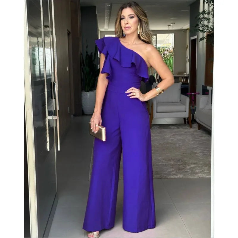 Women's Jumpsuit Fashion Elegant office Long Jumpsuit for Woman Summer New Solid Sleeveless Ruffle Hem One Shoulder Jumpsuits