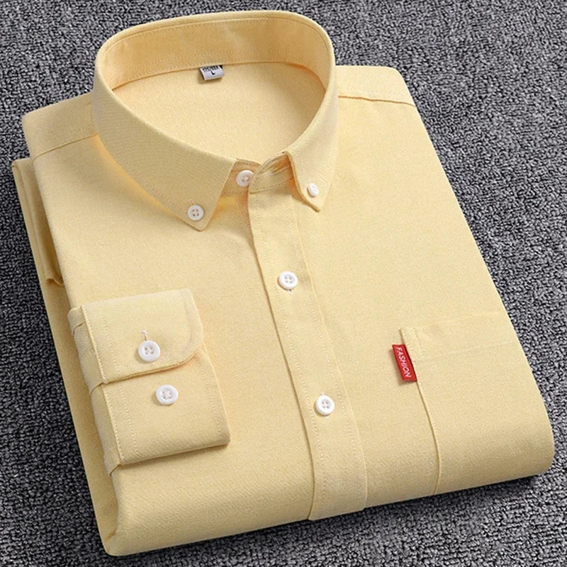 Men's Oxford Long Sleeve Shirts 100% Cotton Solid Color Turn Down Collar Regular Fit Daily Men Clothing Button-down Shirts 5XL