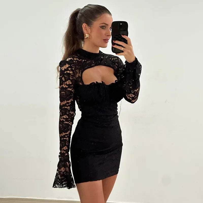 TARUXY Lace Splice Chest Hollow Dress Women's Tight Waist Sexy Slim Flare Sleeve Mini Dress Solid Elegant Hot Girl Party Outfit