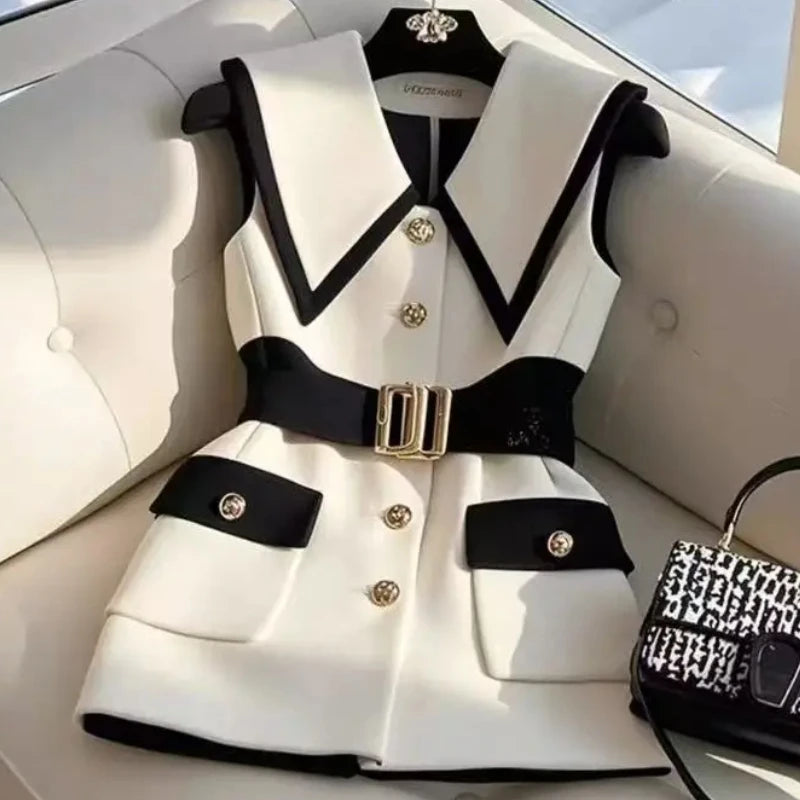 Spring Summer Jacket Vest Color Block Coffee Sleeveless Blazers Waistcoat Retro Female Outerwear All-match Fashion Office Lady