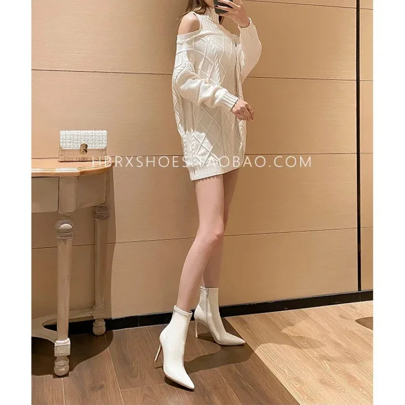 Women's Spring Ankle Boots White High Heels Pointed Toe Stiletto Heel Side Zipper Short Boots Leisure Fashion Sexy Botas Mujer