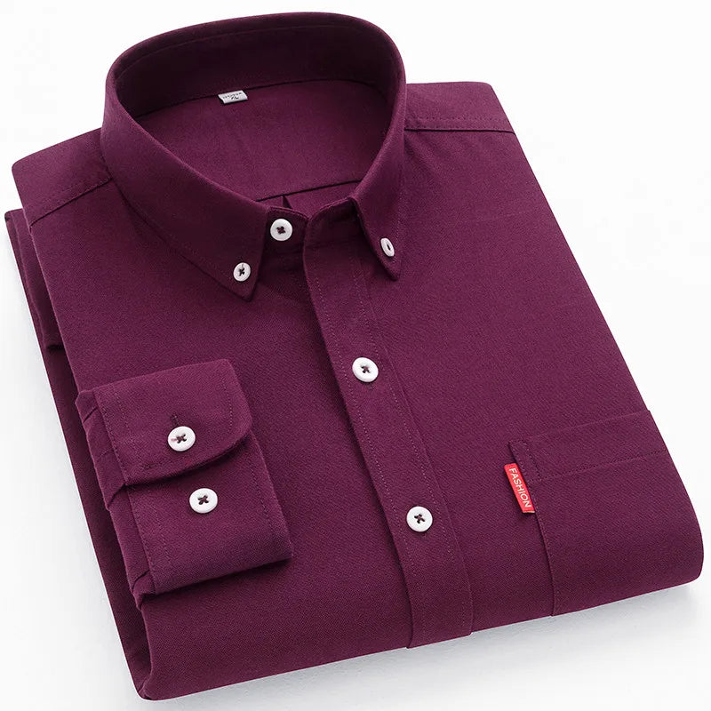 Men's Oxford Long Sleeve Shirts 100% Cotton Solid Color Turn Down Collar Regular Fit Daily Men Clothing Button-down Shirts 5XL