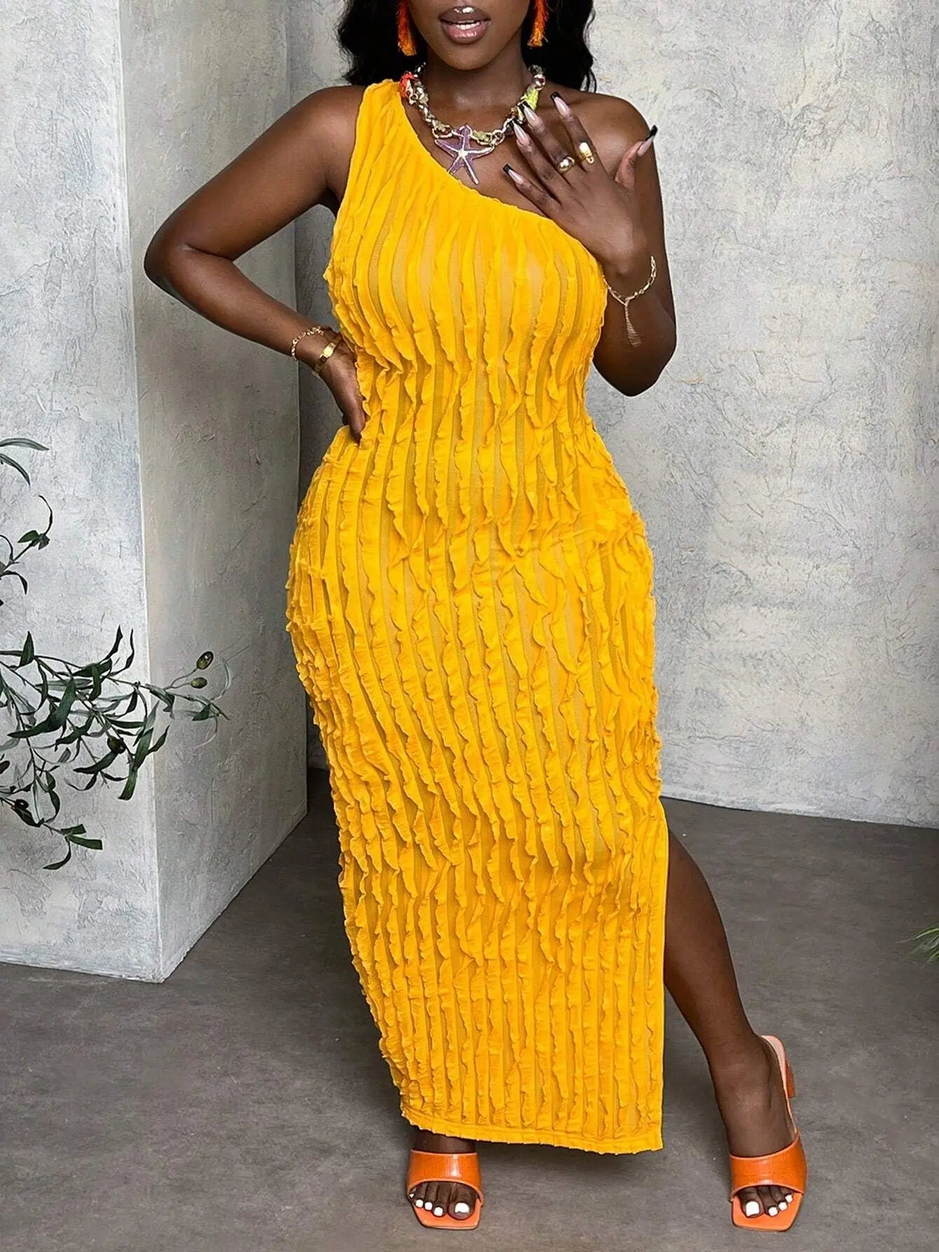 Summer New Party Dinner European and American Fashion Women's Dress Solid Color Hollow Wavy Long Dress Women