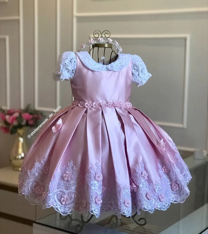 Gold Flower Girl Dress For Wedding Puffy 3D Applique Tulle With Pearl Princess Kids Birthday First Communion Ball Gown