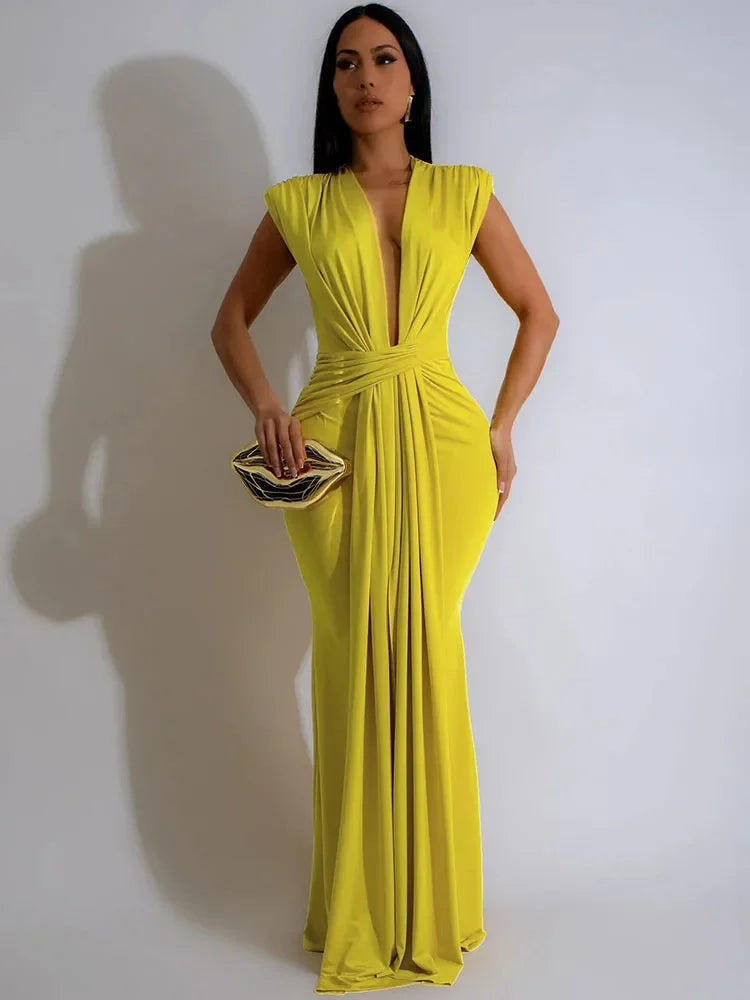 Elegant Ruched Bodycon Maxi Dress Women Birthday Night Party Evening Prom Deep V-neck Slim Celebrity Formal Long Dresses Ribbon