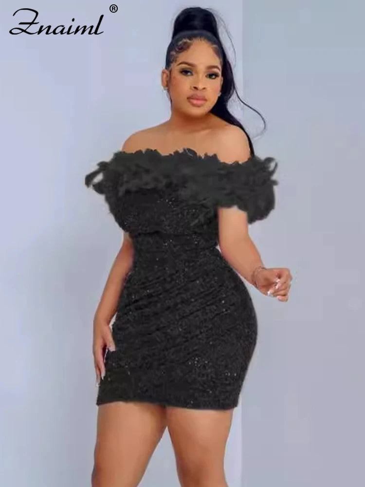 Znaiml Sexy Feather Sequin Glitter Off Shoulder Bodycon Night Club Mini Dress Women Backless Slim Ruched Birthday Gowns Vestidos
