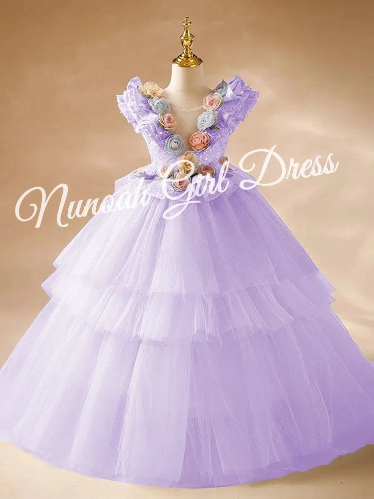 Blue Flower Girl Dresses Pageant Gown for Wedding 3D Floral Appliques Sequins Ruffles Birthday Party First Communion Gowns
