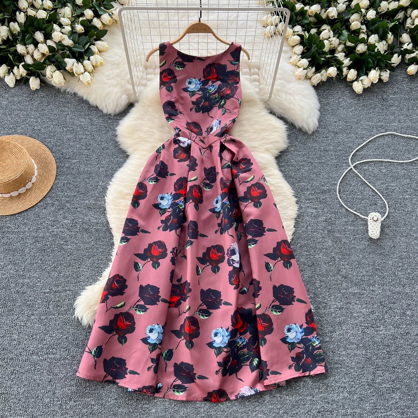 French Fashion Print O-neck Pleated Sleeveless A-line Ball Gown Dress Women Summer Vintage Elegant Puff Graduation Party Dresses