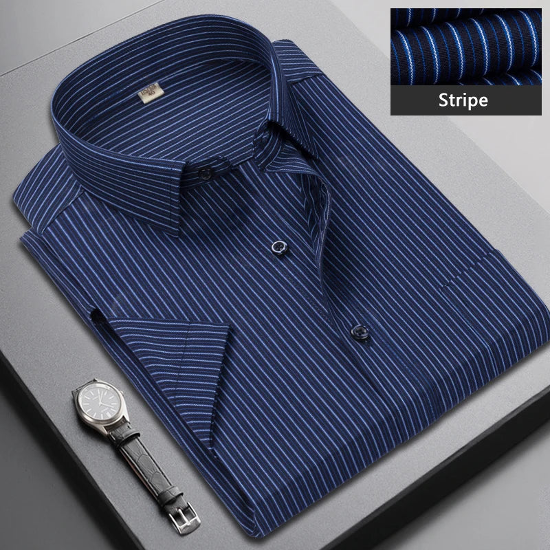 Summer Short-sleeved Men's Stripe Shirt Slim Business Classic Lapel Fashion Male Formal Work Shirt Brand Clothing M-5XL