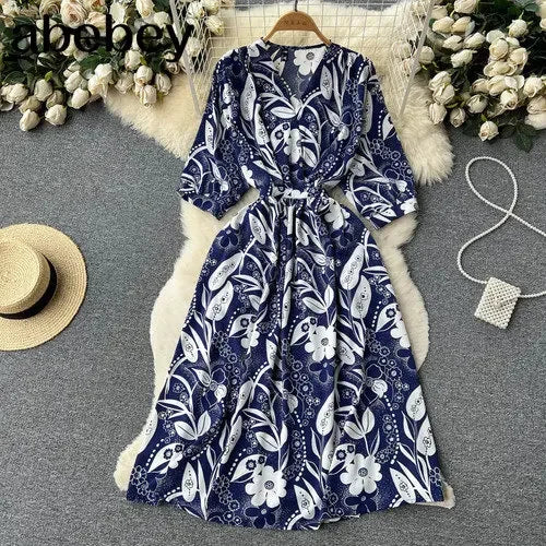 Summer Holiday Floral Beach Wrap Dress Women V Neck Short Sleeves Chic A Line Dress Bohemian Vintage Print Long Dress