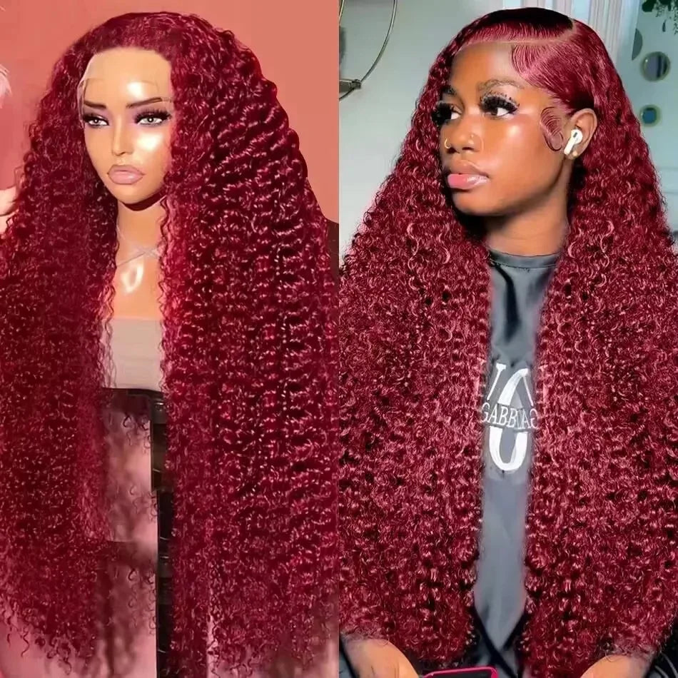 Deep Wave 13X4 Lace Frontal Wig 99J Red Burgundy Color Synthetic Wigs For Black Women Preplucked Bleached Knots Glueless Wig