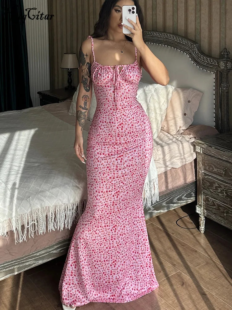 Hugcitar Floral Print Sleeveless Backless Slips Lace Up Maxi Dress Sexy Bodycon Summer Elegant Outfits Holiday Party Wholesale