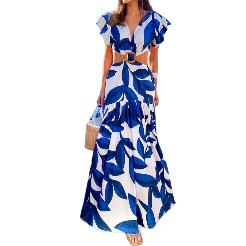 Women's V-Neck Printed Dress Flower Print New Casual Ruffled Short Sleeves Long Dress Swing Bohemian Retro Dress Women Clothing